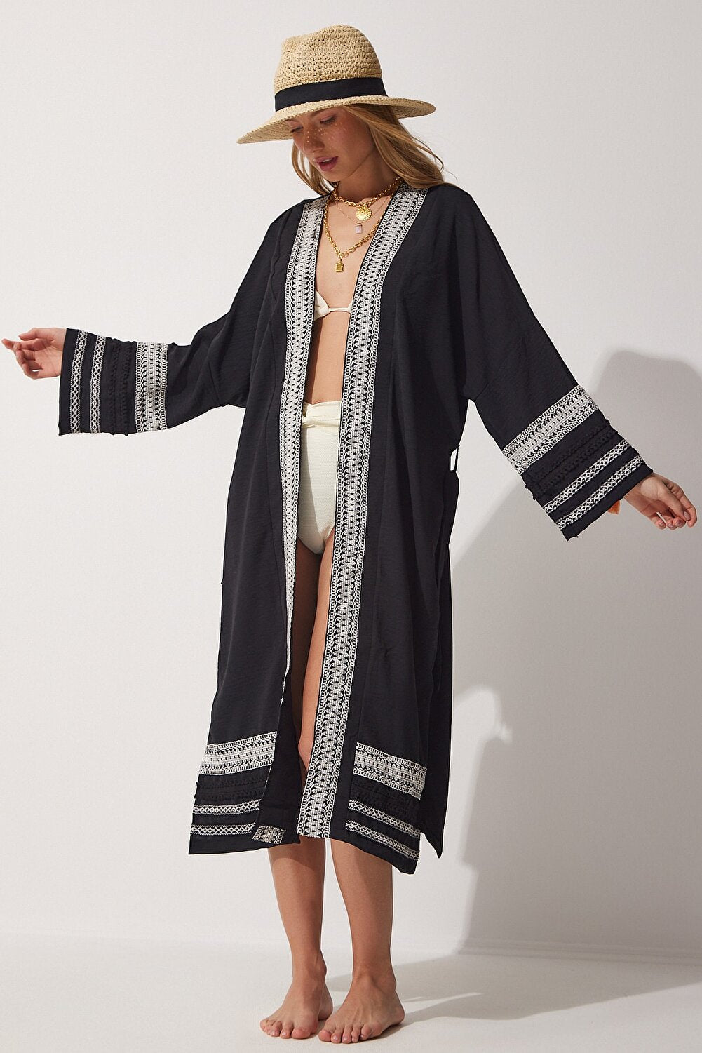 Happiness İstanbul Kimono & Caftan - White - Oversize - Vector25P