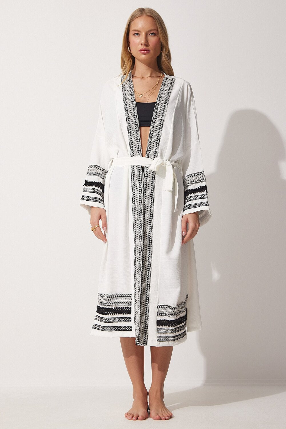 Happiness İstanbul Kimono & Caftan - White - Oversize - Vector25P