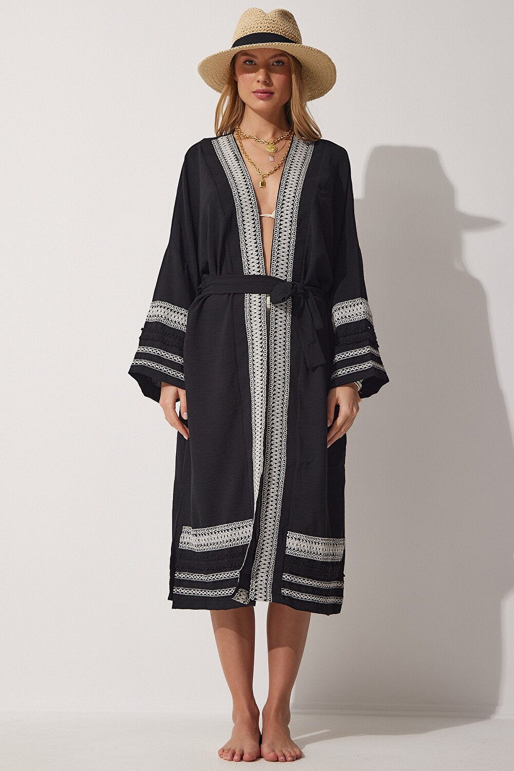 Happiness İstanbul Kimono & Caftan - White - Oversize - Vector25P