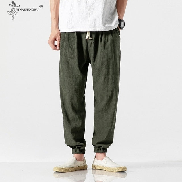 Cotton Linen Casual Harem Pants Men Joggers Man Summer Kimono Trousers Male Chinese Style Baggy Pants Harajuku Clothe Slim Male - Vector25P